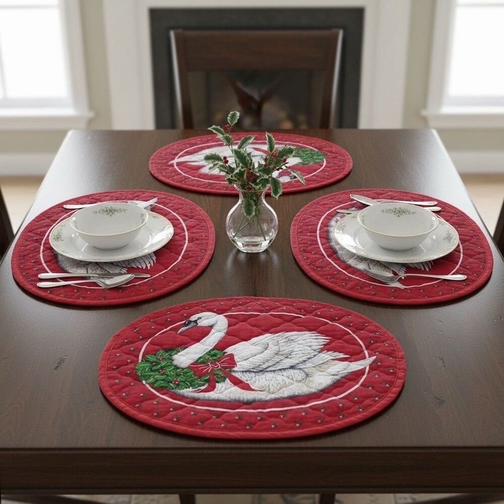 Set of 4 Vintage 1980s Christmas Holiday Goose Quilted Placemats Cottagecore Red